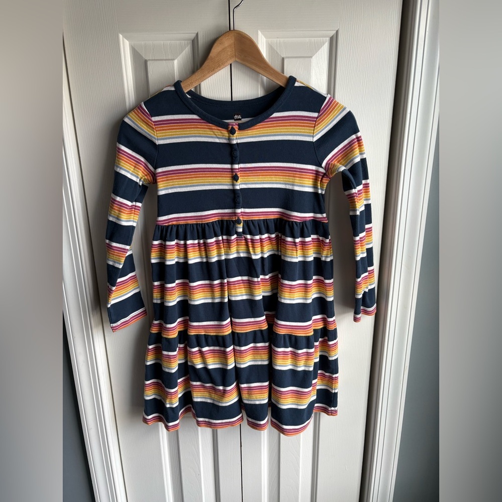 Tea Collection Girls Long Sleeve Tiered Henley Dress Multicolor Striped Size 10